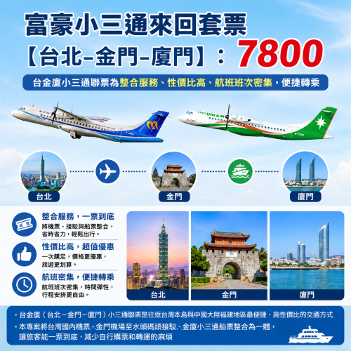 富豪小三通來回套票【台北-金門-廈門】